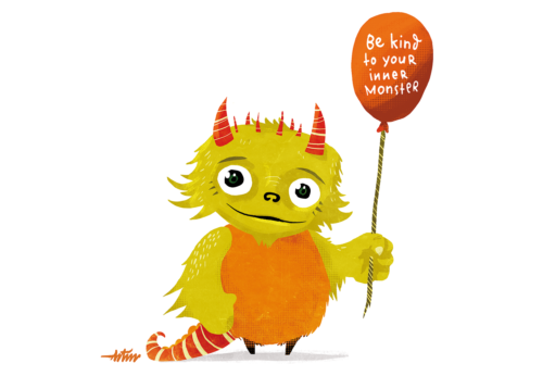 Illustration, Monster hält Luftballon mit Aufschrift "Be kind to your inner monster"