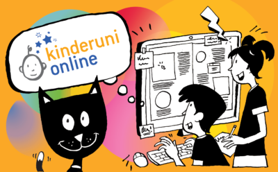 Eine Zeichnung mit zwei Kindern, die vor einem Computer sitzen, und einer schwarzen Katze. Dazu das Logo von kinderuni online.