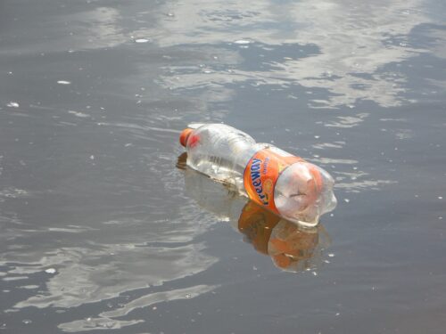 eine leere Plastikflasche schwimmt im Wasser