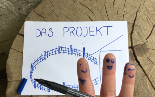 Screenshot vom Video: die drei Finger mit aufgezeichneten Figuren skizzieren das Projekt auf einem Zettel.