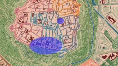 Ausschnitt eines historischen Stadtplanes von Wien. Stephansdom und Hofburg sind violett markiert.