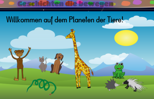 Tiere auf einer Wiese mit dem Text "Willkommen auf dem Planeten der Tiere!"