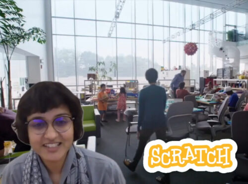 Shruti Dhariwal, im Hintergrund das Sprite Art Studio, im Eck das Logo von Scratch