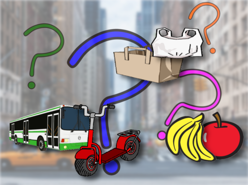 Illustration Entscheidungen: Auto und Roller, Apfel und Banane jeweils mit Fragezeichen