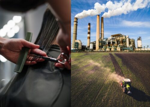 Frisör, Industrie und Landwirtschaft bilden die drei Wirtschaftssektoren ab