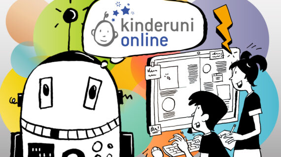 kinderuni online Sujetbild. Man sieht das kinderuni online Logo, einen Roboter, ein Mädchen und einen Buben am PC und einen bunten Hintergrund..