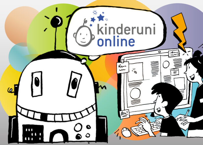 kinderuni online Sujetbild. Man sieht das kinderuni online Logo, einen Roboter, ein Mädchen und einen Buben am PC und einen bunten Hintergrund..