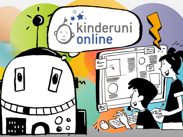 kinderuni online Sujetbild. Man sieht das kinderuni online Logo, einen Roboter, ein Mädchen und einen Buben am PC und einen bunten Hintergrund..