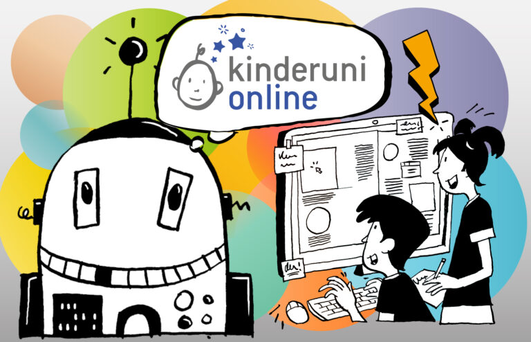 kinderuni online Sujetbild. Man sieht das kinderuni online Logo, einen Roboter, ein Mädchen und einen Buben am PC und einen bunten Hintergrund..