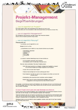 Plakat mit Projekt Management Begriffserklärungen