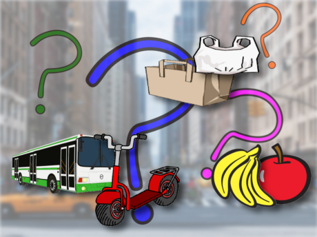Beitragsbild: grafik von vielen verschiedenen Motiven: verschieden farbigen Fragezeichen, einem Elektroroller, einem Bus, einem Einkaufssackerl, einem Einkaufskorb aus Karton, Bananen und einem Apfel