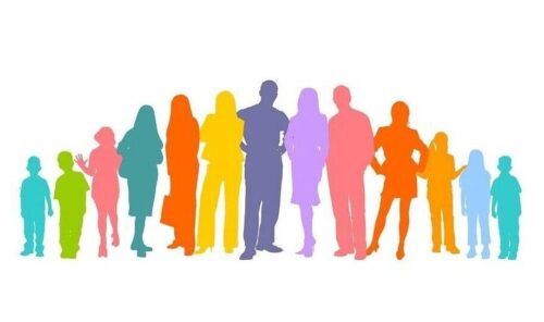 Bunte gezeichnete Figuren von großen und kleinen Menschen