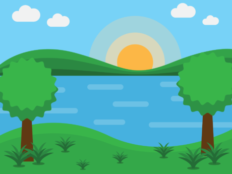 Computergezeichnete Grrafik mit einem Sonnenaufgang, einem See und einem Baum jeweils links und rechts sowie einem Himmel am Horizont und Wiese am Boden vor dem See.