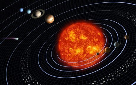 Grafik unseres Sonnensystems mit der Sonne im Vordergrund