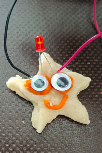 ein Stern aus leitender und nichtleitender Knete mit Kabeln und Leuchtdiode