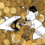 Illustration: ein Geldhai und ein Sparfuchs