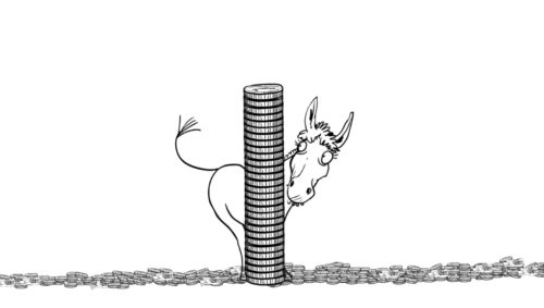 Illustration: ein Esel hinter einer großen Rolle Geldmünzen