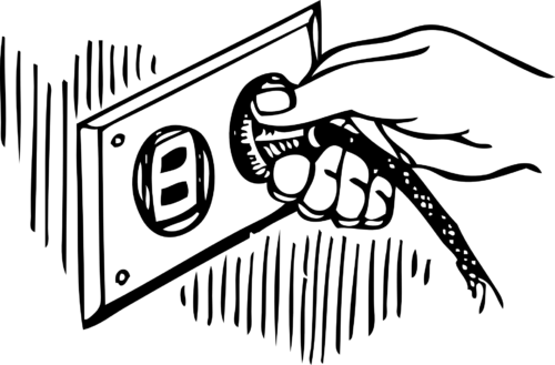 Grafik zweier Steckdosen, eine Hand steckt ein Kabel in in eine der zwei verfügbaren Steckdosen