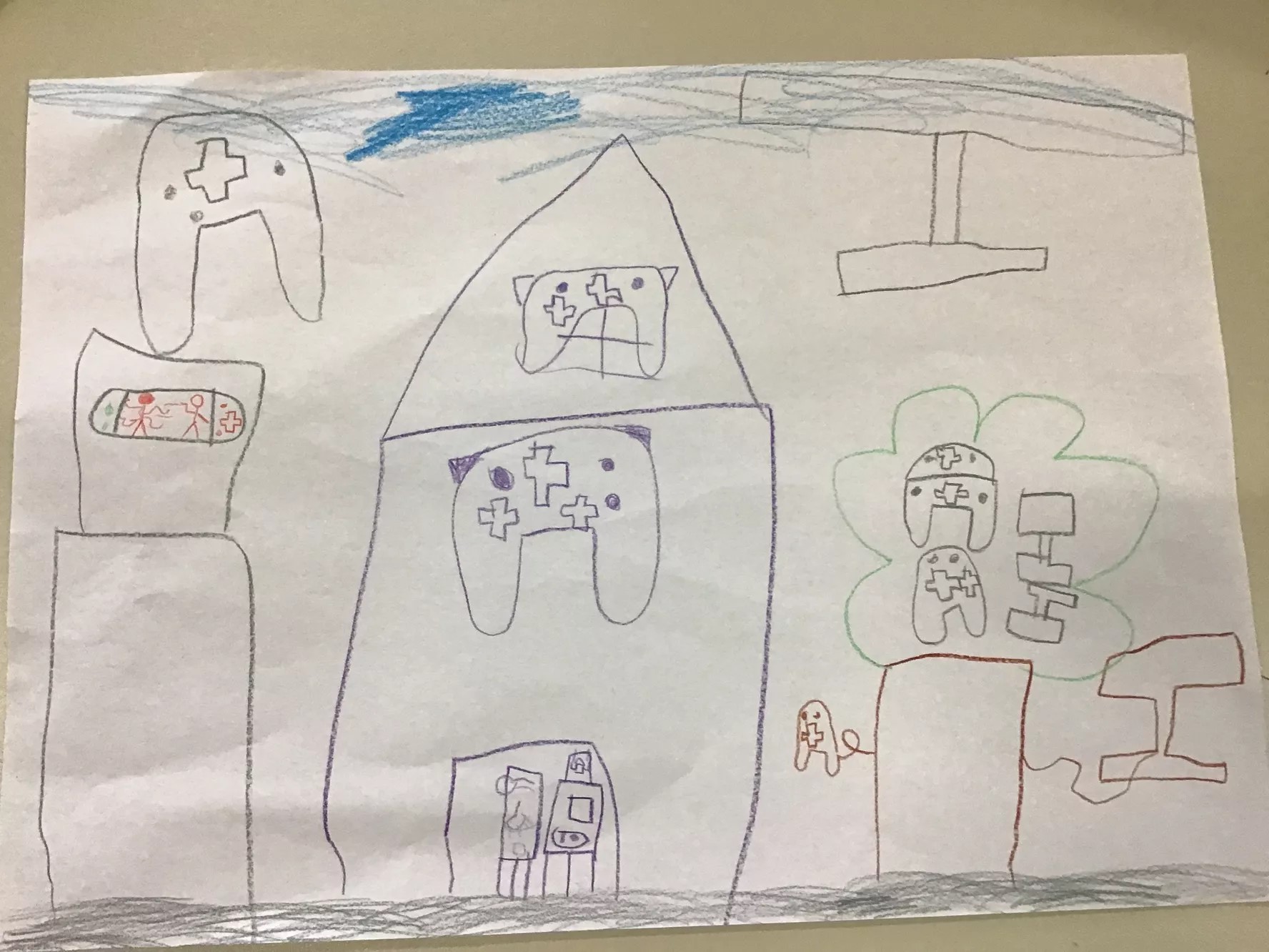 Eine Zeichnung von einer Stadt mit Spielkonsolen