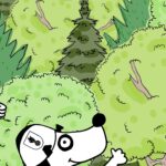 Illustration von zwei Kindern und einem Hund mit Daumen nach oben vor einem Wald