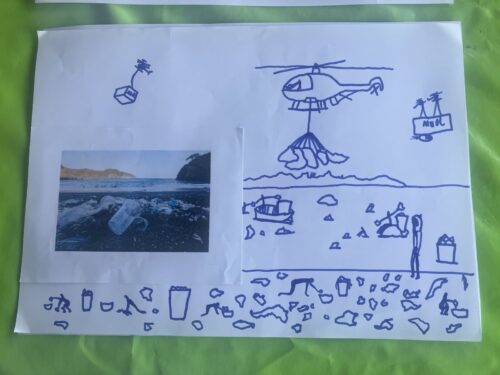 Foto von einem vermüllten Strand, das auf ein gezeichnetes Bild geklebt ist. Die Zeichnung zeigt einen Strand, auf dem Müll liegt und einen Helikopter, der Müll wegbringt. Auf dem Strand sind Menschen zu sehen, die Müll zusammenräumen