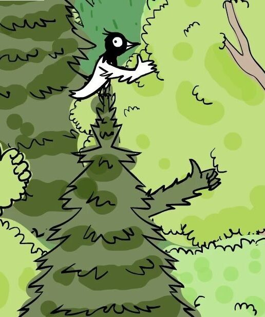 Eine Illustration von einem Vogel mit "Thumbs Up" auf einem Baum im Wald