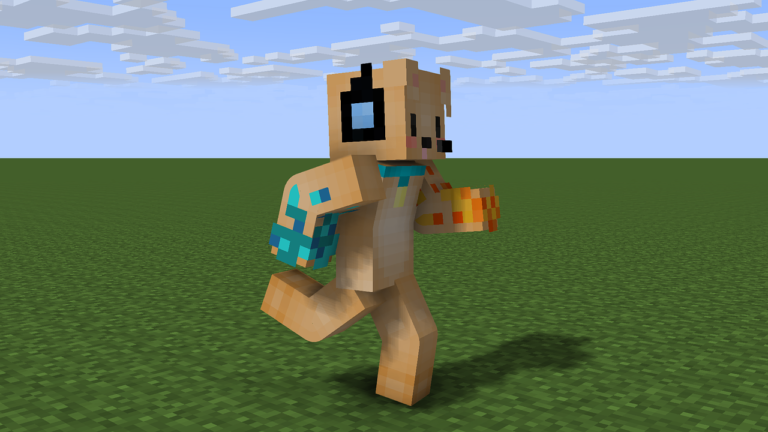 Animation von einer Figur aus Minecraft, die über eine grüne Fläche läuft und Kopfhörer trägt