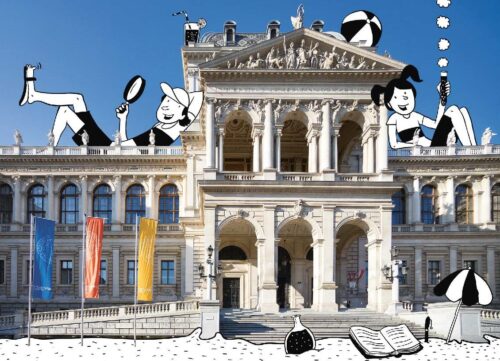 Foto der Universität Wien mit Illustrationen von Kindern