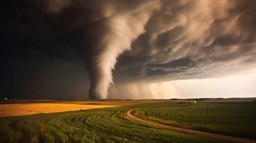 Ein Tornado zieht über eine Landschaft mit Feldern.