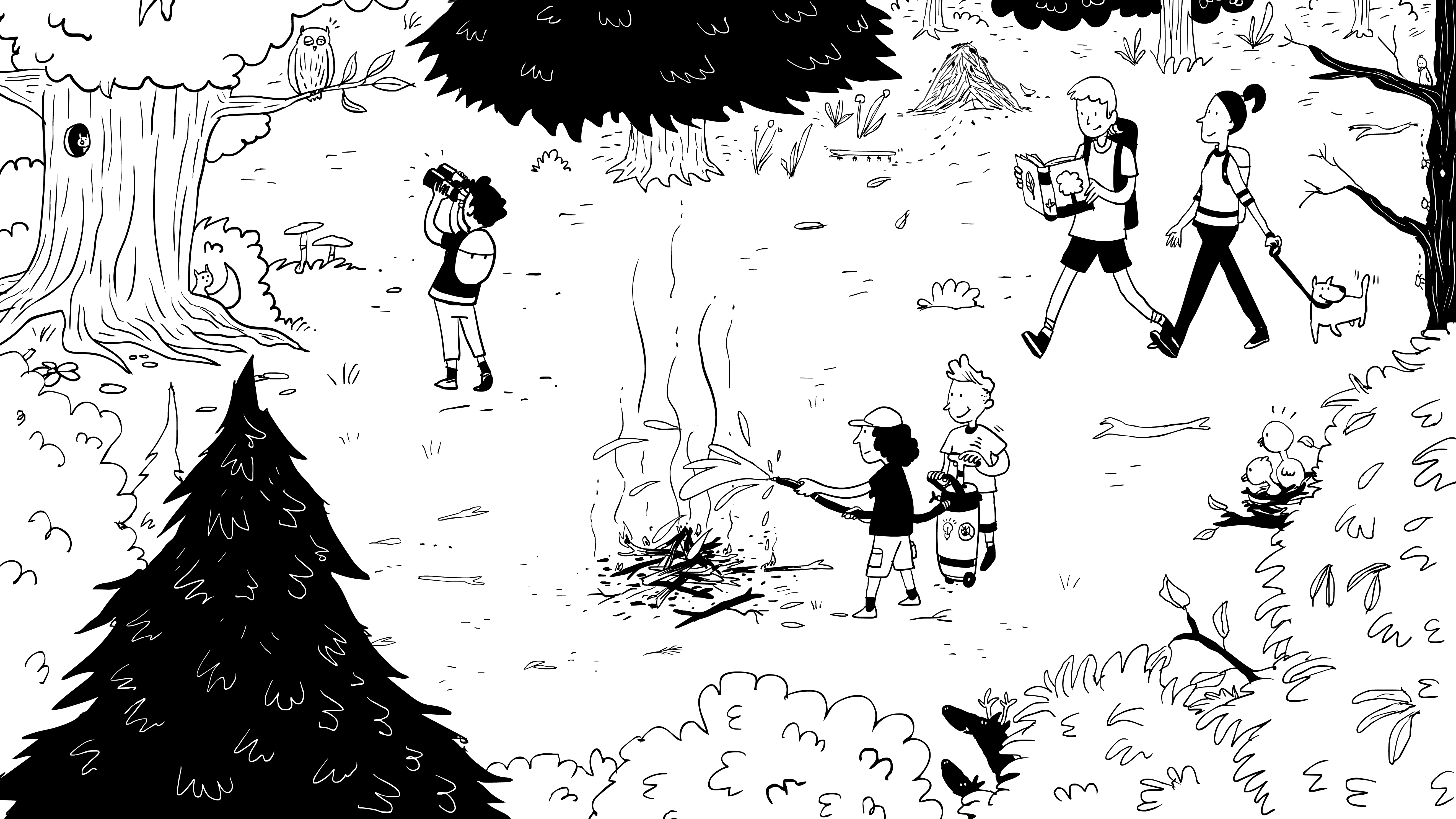 Zeichnung rund um Waldbrandprävention mit Kindern und Tieren im Wald