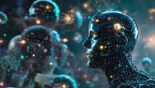 von der KI erstellter Robotermensch, dessen Gehirn leuchtet