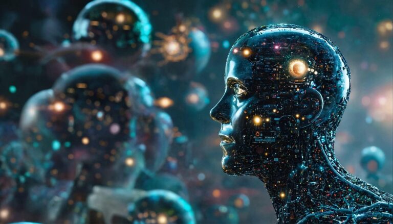 von der KI erstellter Robotermensch, dessen Gehirn leuchtet