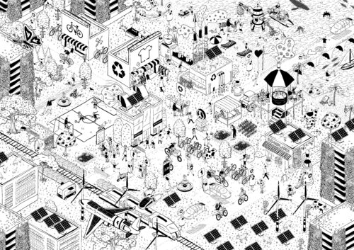 Wimmelbild mit vielen verschiedenen Fortbewegungsmitteln der Gegenwart und Zukunft