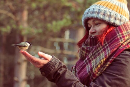 Frau mit dicker Haube und Schal, die einen kleinen Vogel ansieht, der auf ihrer Hand sitzt.