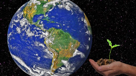 Planet Erde, dem in einer Hand ein kleines Pflänzchen entgegengehalten wird