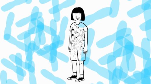 Kind, dessen Körper voller Mikroben steckt, umgeben von blauen Bakterien