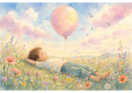 Ein Kind liegt inmitten einer Blumenwiese und über seinem Bauch schwebt ein rosa Luftballon, der dieselbe Farbe hat wie die Wolken am Himmel.