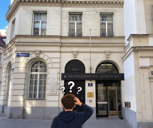 Bezirksgericht Josefstadt in Wien und ein Junge, der davor steht und Fragezeichen über dem Kopf kreisen hat